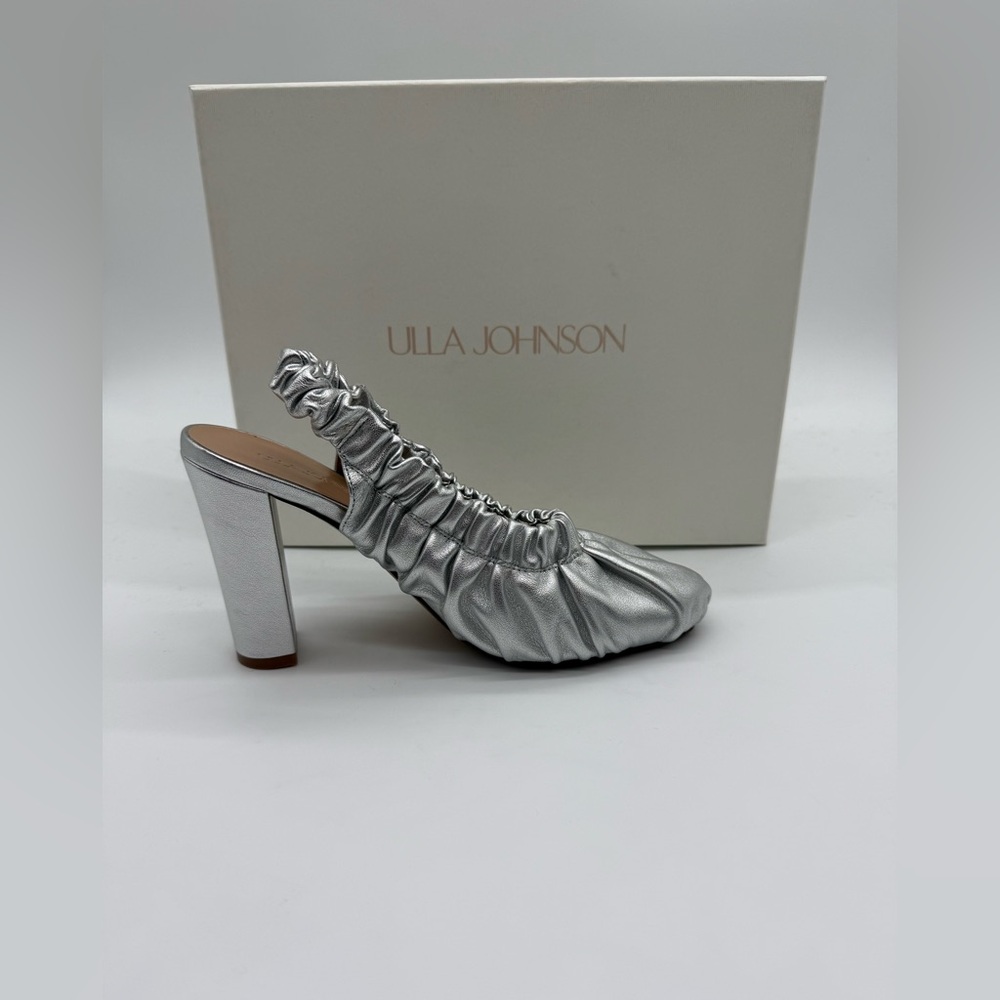 New in Box Ulla Johnson Lucia Leather Ruched‎ High Heel in Silver $670